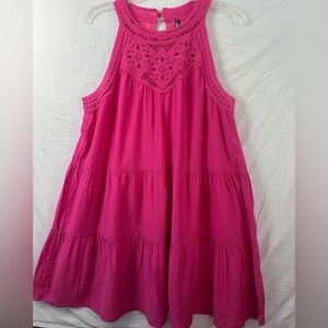 BTFBM Pink Crochet Boho Dress Swim Cover Up Tiered Sleeveless Large
